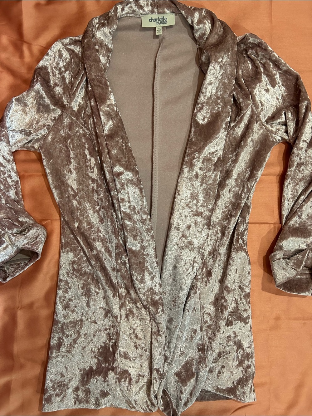 Charlotte Russe Mauve Crushed Velvet Open Front Cardigan Size Small